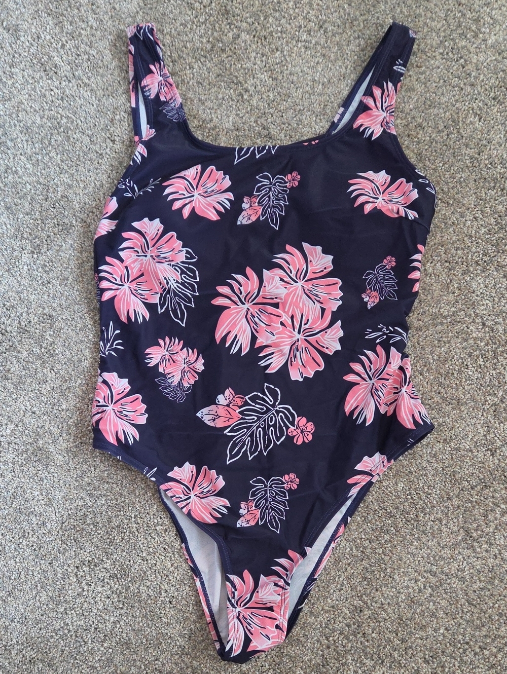 Womens One-Piece Swimsuit. Navy with Pink Floral Print